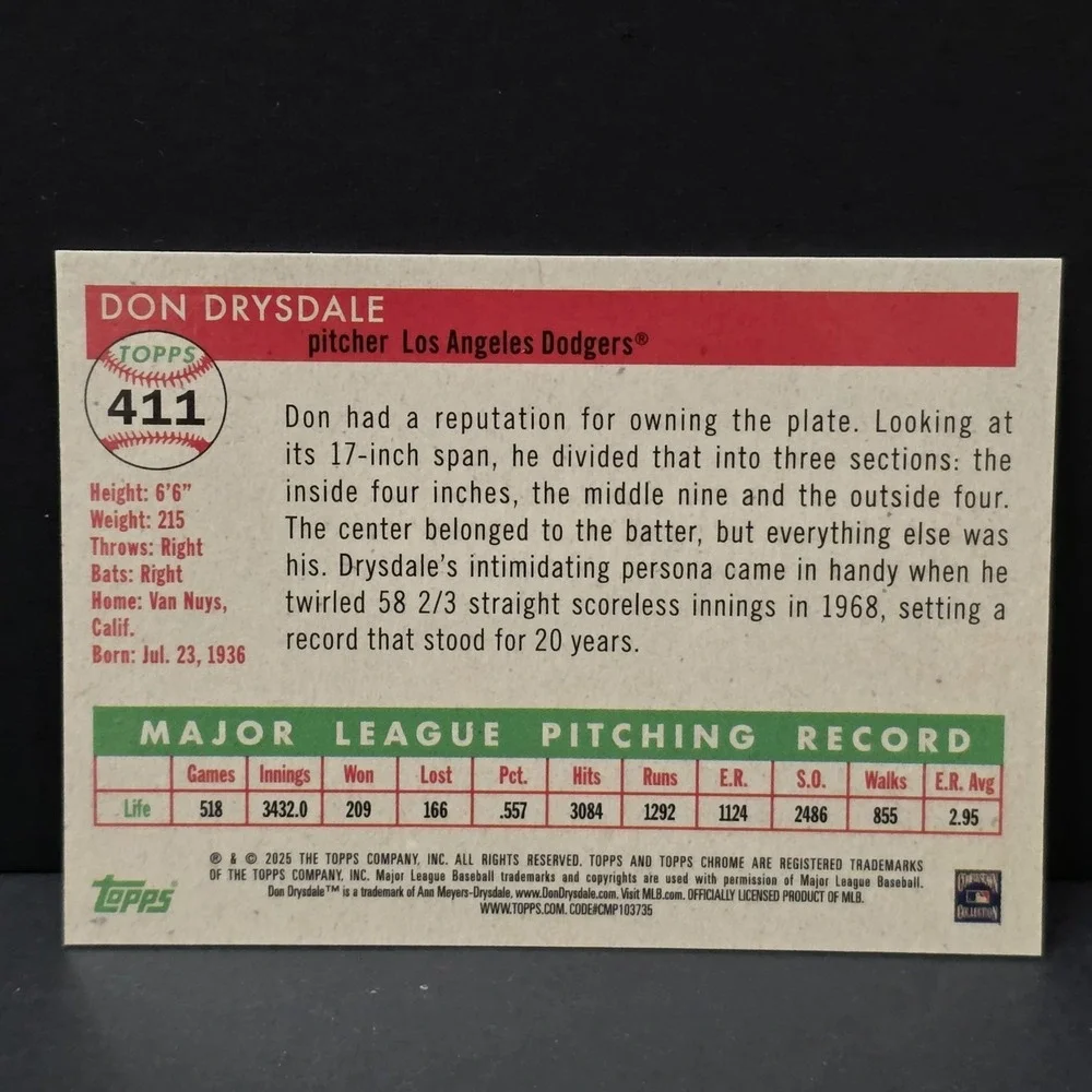 2025 Topps Chrome Platinum Don Drysdale #411 Black‎ Toile /10 LA Dodgers